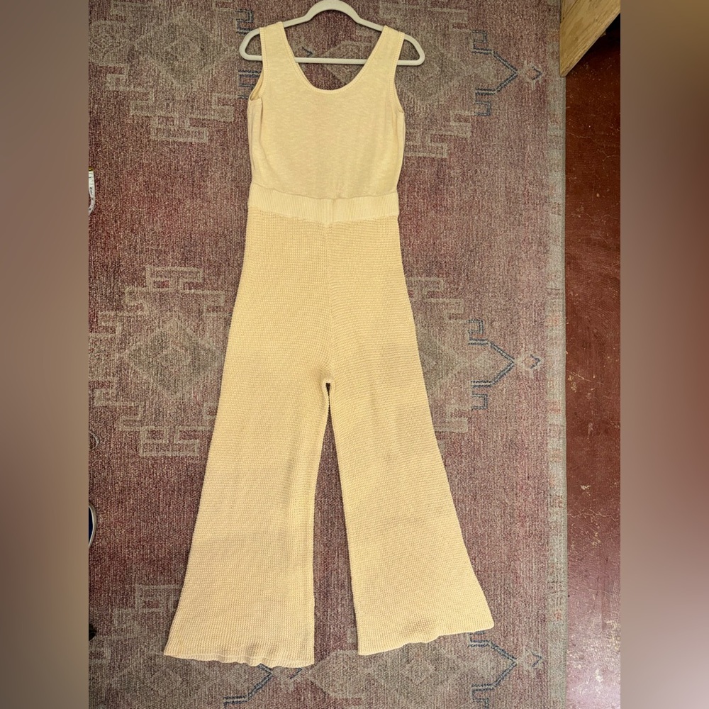 Free people beach cream knit swim cover wide leg tank jumpsuit size lg like new